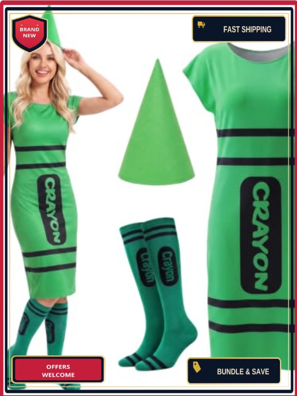 Crayon Costume Kit Women Dress Hat Socks Halloween Cosplay Polyester